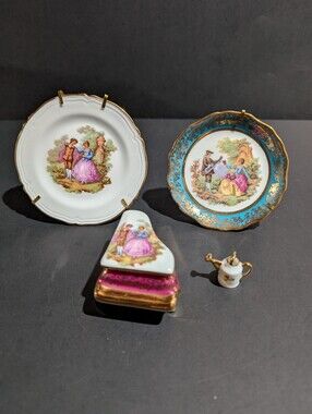 Limoges Miniatures Piano Trinket Box Watering Can 2 Plates France
